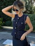 Phatbird Fashion Tweed Belt Waistcoat O Neck Single Breasted Sleeveless