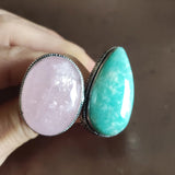 Phatbird Dual Stone Rose Quartz & Amazonite Silver Cuff Ring