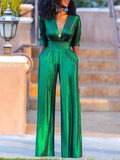 Green Deep V-neck Jumpsuit