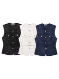 Phatbird Fashion Tweed Belt Waistcoat O Neck Single Breasted Sleeveless