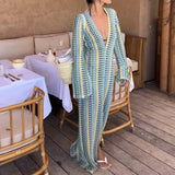 Phatbird crochet stripe maxi dress with deep V neck and flared sleeves - view 5