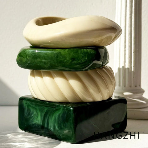 Phatbird Green White Irregular Square Wide Resin Bracelet for Women Autumn
