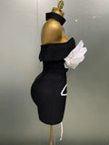 Phatbird  New Sexy Off Shoulder White Flower Black Mini Bodycon Bandage Dress