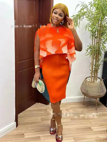 Pleated Two-Piece Dress and Shawl Set