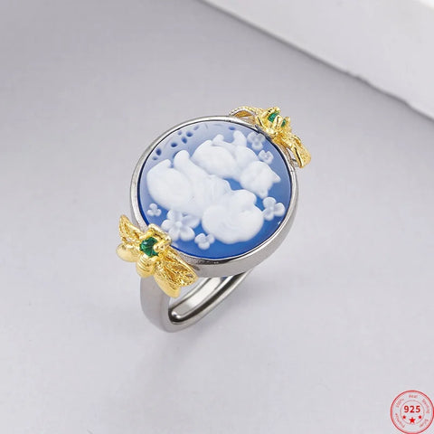 Blue Agate Little Dogs Cats Ring