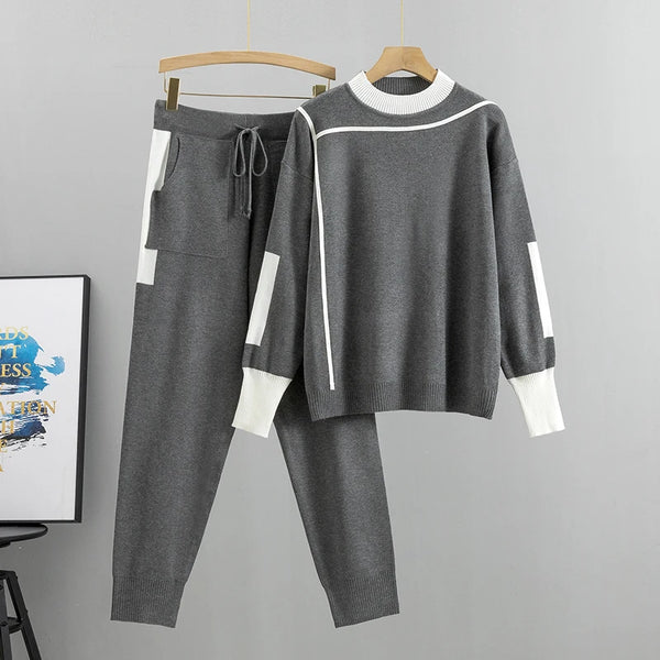 Phatbird Autumn Runway 2 Pieces Set Knitted Long Sleeve Pullovers Sweater Casual Patchwork