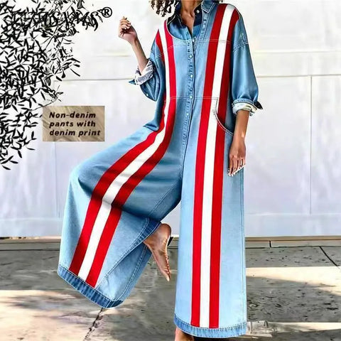 Phatbird Striped Denim-Look Wide-Leg Jumpsuit