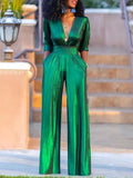 Green Deep V-neck Jumpsuit