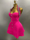 Phatbird Luxury Hot Pink Crystal Halter Mini Dress