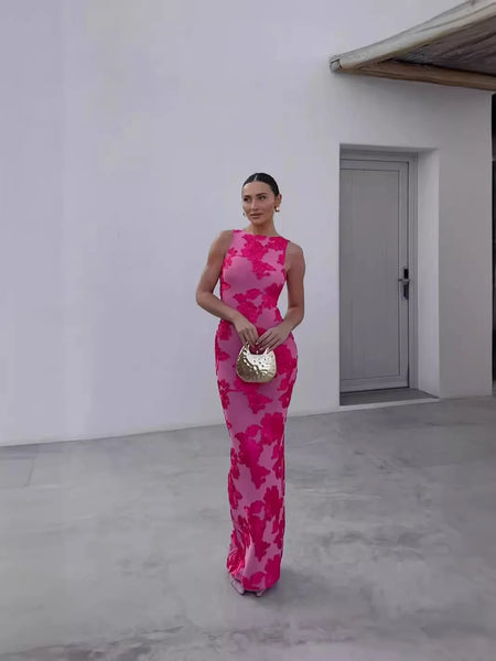 Sleeveless 3D Floral Embroidery Mesh Maxi Dress