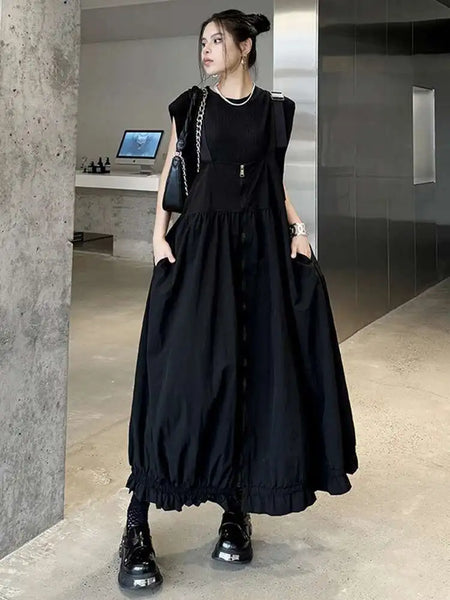 Green Pleated Pocket Big Size Strap Dress New Square Collar Sleeveless