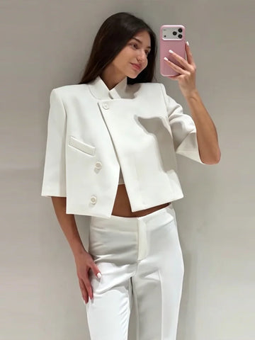 Phatbird cropped blazer with structured shoulder and stand collar