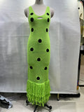 Phatbird Sexy See Through Knitted Maxi Dress Hollow Out Deep Neck Pot Robes Tassel Hem Fork Party