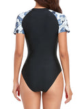 Zebra Print One Piece Swimsuit Short Sleeve Zipper