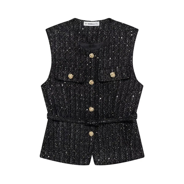 Phatbird Fashion Tweed Belt Waistcoat O Neck Single Breasted Sleeveless