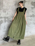 Green Pleated Pocket Big Size Strap Dress New Square Collar Sleeveless