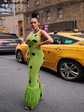 Phatbird Sexy See Through Knitted Maxi Dress Hollow Out Deep Neck Pot Robes Tassel Hem Fork Party
