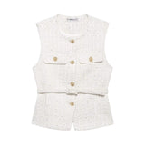 Phatbird Fashion Tweed Belt Waistcoat O Neck Single Breasted Sleeveless