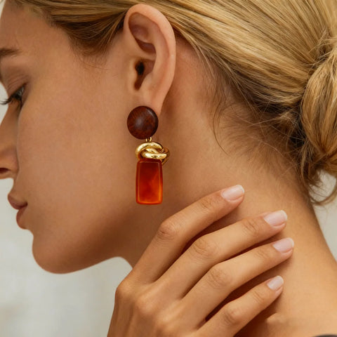 Phatbird Amber Resin Drop Earrings with Gold Knot Detail