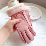 Plush Trim Suede-Look Gloves