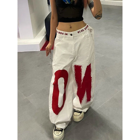 Women White Letter Print Y2k Baggy Jeans 2000s Style Denim Trouser Harajuku Vintage Oversize Hip Hop Jeans Pants Autumn