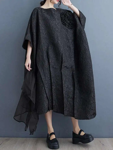Black Big Size Lace Spliced 3D Flower Dress New Round Neck Three Quarter Sleeve