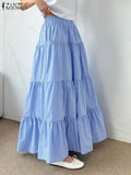 Phatbird Women Korean Fashion Tiered Maxi Skirt Elastic Waist Casual Solid Color
