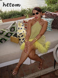 Phatbird Golden Yellow Feather Glitter Halter Mini Dress