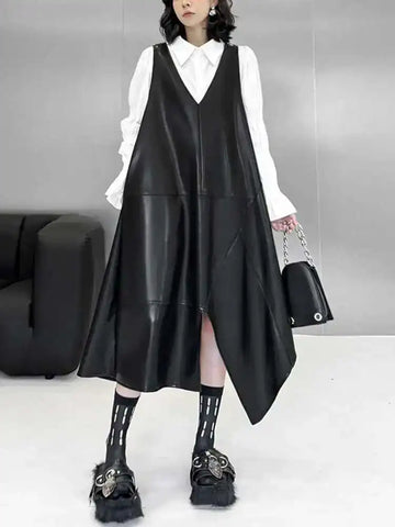 Black Pu Leather Irregular Hem Big Size Strap Dress New V-Neck Sleeveless
