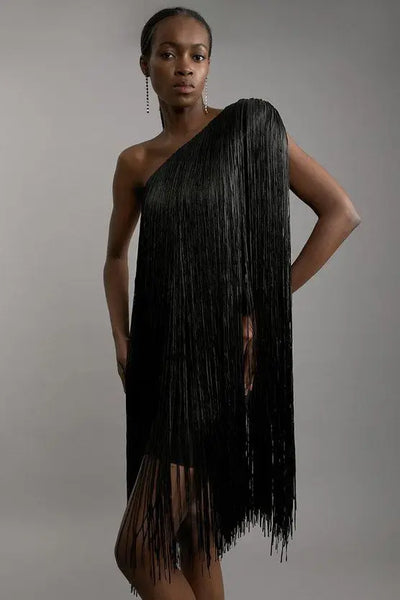 Phatbird Sleeveless Slanted Neck Tassel Dress
