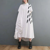 Colour-block Print Big Size Asymmetry Side Folds Dress New Lapel Short Sleeve