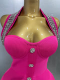 Phatbird Luxury Hot Pink Crystal Halter Mini Dress