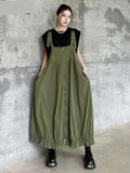 Green Pleated Pocket Big Size Strap Dress New Square Collar Sleeveless