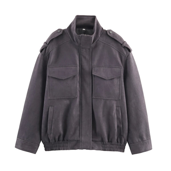 Phatbird suede zip bomber jacket with stand collar and epaulets - view 7