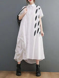 Colour-block Print Big Size Asymmetry Side Folds Dress New Lapel Short Sleeve