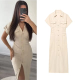 Phatbird Spring New 1975 series denim MIDI dress with lapel side zipper fashion wrinkle waist slim elegant dress