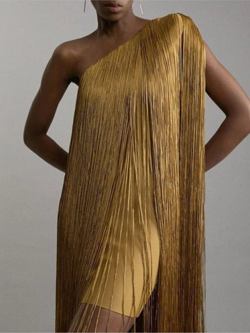 Phatbird Sleeveless Slanted Neck Tassel Dress