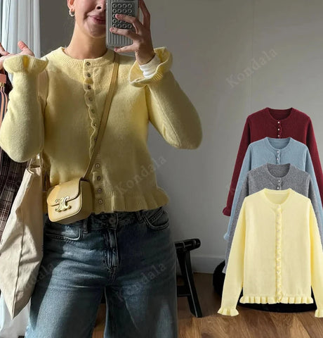 PHATBIRD Women Fall Elegant Knit Cardigan Yellow Petal Sleeve Sweater 2025 Autumn Fashion Versatile