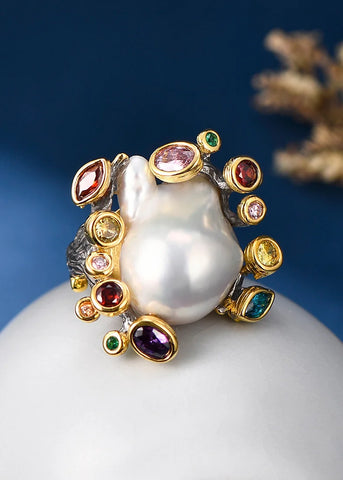 luxury Baroque Pearl Coloured Cocktail Ring