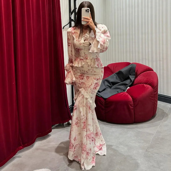 Phatbird Floral V-Neck Mermaid Ruffle-Hem Gown