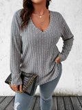 Ribbed V-Neck Long Sleeve T-Shirt