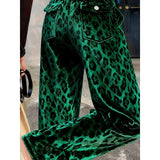 Phatbird Green Leopard Velvet Straight-Leg Trousers