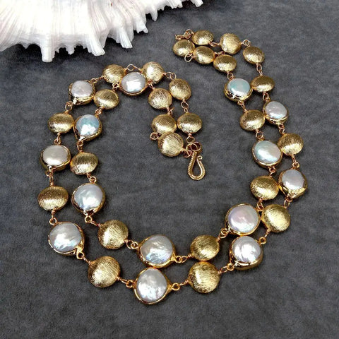 Luxurious Multi-Strand White Coin Pearl Necklace
