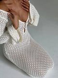 Women White Long Knit Sleeve Bikin Fashion