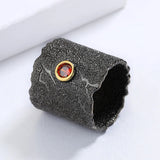 Phatbird Black Textured Wide Band Ring with Red Zircon Stone