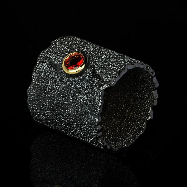 Phatbird Black Textured Wide Band Ring with Red Zircon Stone