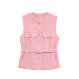 Phatbird Fashion Tweed Belt Waistcoat O Neck Single Breasted Sleeveless
