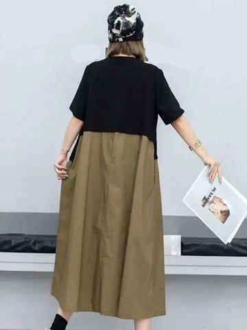 Colour-block Big Size Hollow Out Fake 2 Pieces Dress New Round Neck Short Sleeve