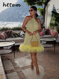 Phatbird Golden Yellow Feather Glitter Halter Mini Dress