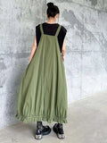 Green Pleated Pocket Big Size Strap Dress New Square Collar Sleeveless